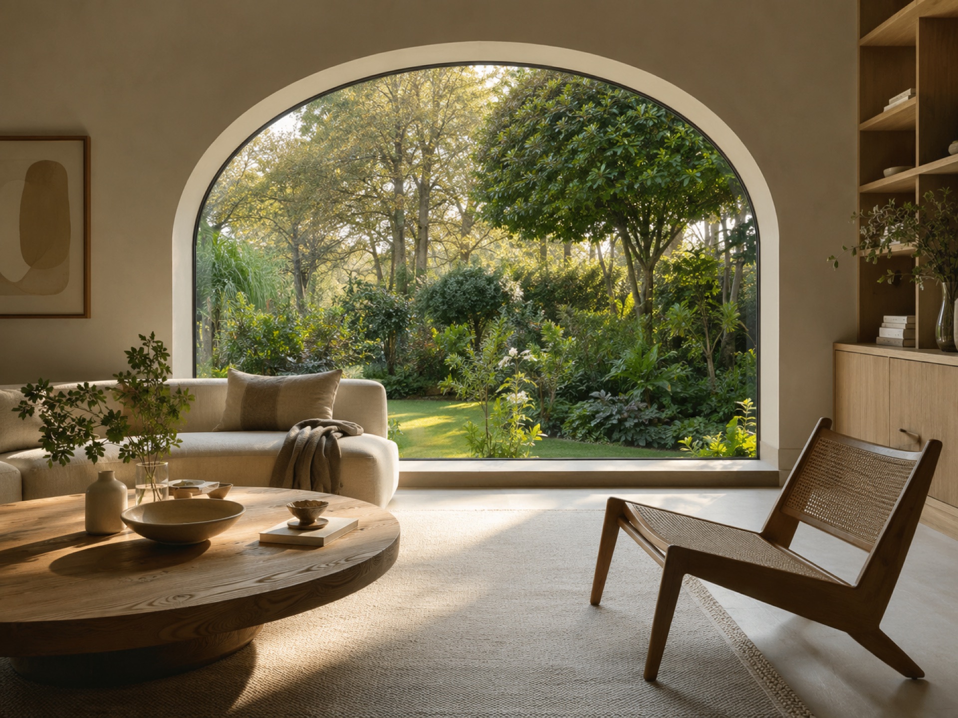 Interior con vista a jardín a través de un ventanal en arco