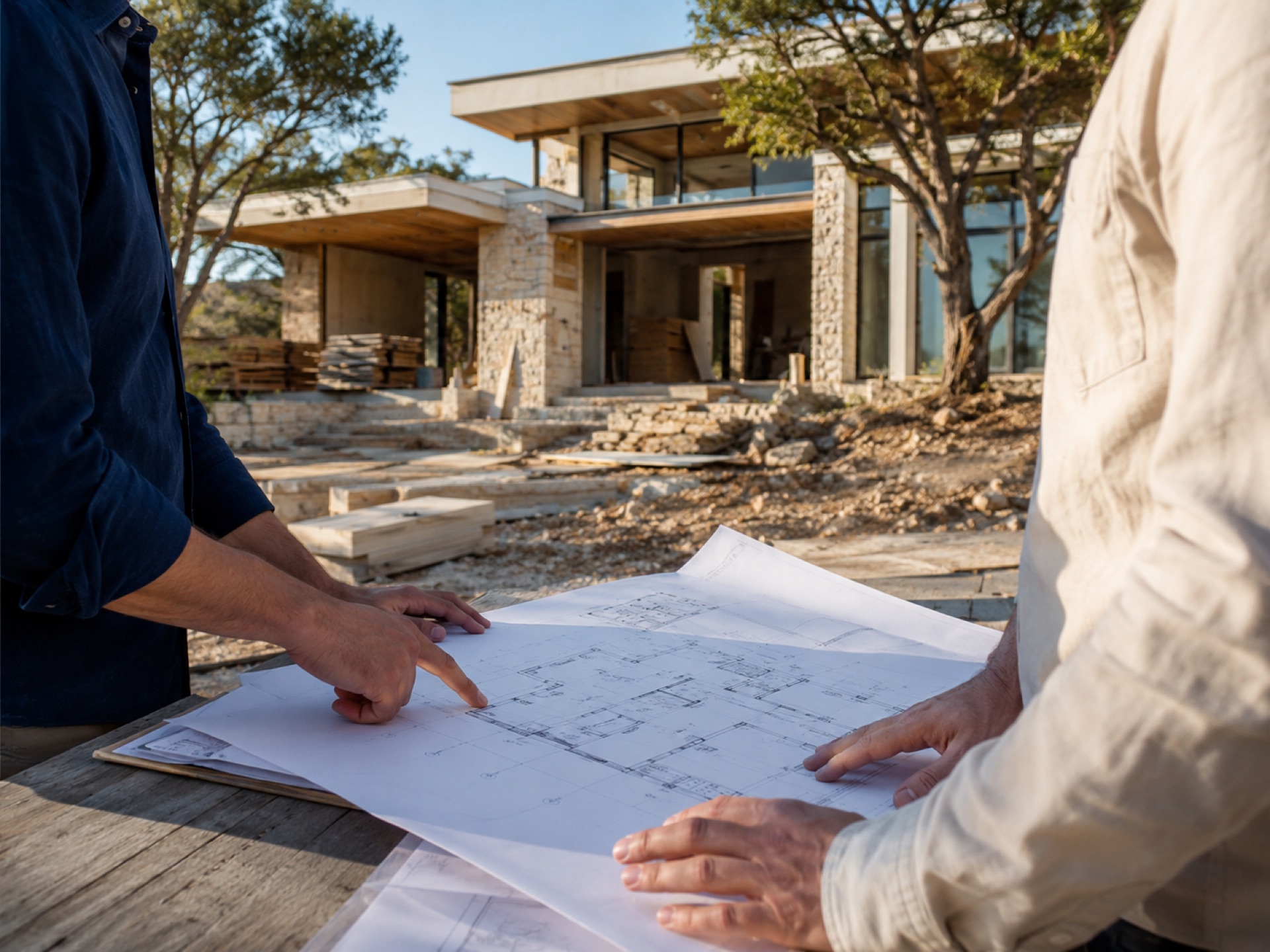 Arquitecto de C&C revisando planos en obra