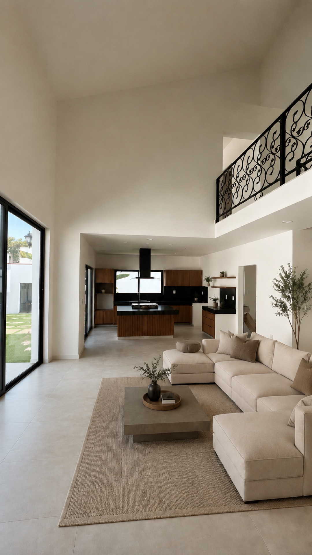 Sala de doble altura conectada a la cocina con isla